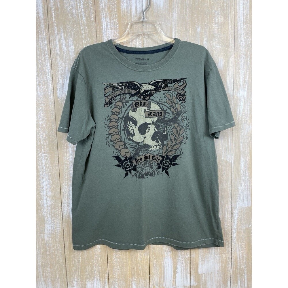 Y2K Style DKNY Jeans NYC Skull Print Muted Green w/ Black Flocking T-Shirt Sz XL